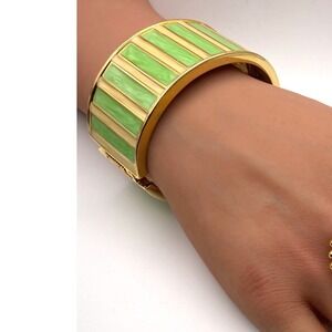 Vintage Style Green Gold Enamel Striped Hinged Cuff Bracelet Gold Tone Wide